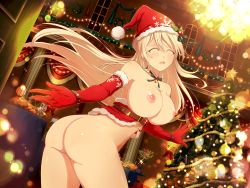 Rule 34 | alternate breast size, ass, bare shoulders, bell, belt, bent over, blush, bodice, breasts, choker, christmas tree, christmas wreath, closed eyes, elbow gloves, embarrassed, food, functionally nude, gloves, green choker, hat, highres, holly, leo (senran kagura), long hair, medium breasts, night, nipples, no bra, no panties, nude filter, open door, open mouth, outstretched arms, outstretched hand, santa hat, senran kagura, third-party edit, twisted torso, wreath, yaegashi nan