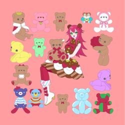 Rule 34 | 1girl, animal ears, balloon animal, bear ears, bearchi (pretty rhythm), boots, bouquet, brown dress, crown, dress, flower, full body, green eyes, heart, heart print, high heel boots, high heels, highres, holding, holding bouquet, holding stuffed toy, invisible chair, knee boots, long hair, looking at viewer, nyaasechan, open mouth, pink background, pretty rhythm, pretty rhythm rainbow live, pretty series, red hair, red ribbon, renjouji beru, ribbon, simple background, sitting, sleeveless, sleeveless dress, smile, solo, stuffed animal, stuffed toy, teddy bear, too many, white footwear