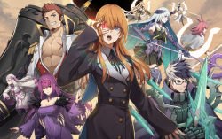 2boys, 6+girls, abs, bangs, beard, black coat, black hair, black legwear, black ribbon, black shirt, black skirt, blonde hair, blood, bloody tears, blue eyes, blue hair, blue jacket, bow, breasts, brown hair, brynhildr (fate), buttons, cannon, cleavage, cloak, coat, collared cloak, collared shirt, dress, epaulettes, facial hair, fate/grand order, fate (series), flying, fur, gauntlets, glasses, grin, hair between eyes, hair bow, hairband, hand on own face, heterochromia, hildr (fate), holding, holding spear, holding sword, holding wand, holding weapon, hood, hooded cloak, jacket, kiyo (chaoschyan), large breasts, long hair, long sleeves, multicolored hair, multiple boys, multiple girls, muscular, muscular male, napoleon bonaparte (fate), neck ribbon, open clothes, open jacket, open mouth, open shirt, ophelia phamrsolone, ortlinde (fate), pectorals, pink hair, pleated skirt, polearm, purple cloak, purple dress, purple hair, purple hairband, red eyes, ribbon, sailor collar, sash, scathach (fate) (all), scathach skadi (fate), shirt, sidelocks, sigurd (fate), silver hair, sitonai (fate), skirt, sleeveless, sleeveless shirt, smile, spear, spiked hair, strapless, strapless dress, sword, thighhighs, thrud (fate), two-tone hair, valkyrie (fate), very long hair, wand, weapon, white cloak, white dress, white shirt, wide sleeves, wing hair ornament, yellow neckwear