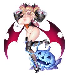 Rule 34 | 1girl, absurdres, alternate costume, aoi nagisa (metalder), bare shoulders, blonde hair, blue eyes, boots, breasts, cosplay, curvy, demon girl, demon girl (cosplay), fake wings, fang, gloves, halloween costume, highleg, highleg leotard, highres, huge breasts, jumping, leotard, lilith-soft, moaning, nail polish, nipples, official alternate costume, onizaki kirara, open mouth, puffy nipples, pumpkin, shiny skin, solo, taimanin (series), taimanin rpgx, tentacles, thighs, thong leotard, twintails, wardrobe malfunction, white background, wide hips, wings