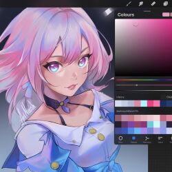 Rule 34 | 1girl, art program in frame, artist name, black choker, blue eyes, blue hair, choker, collarbone, commentary, english commentary, floating hair, halterneck, highres, honkai: star rail, honkai (series), long hair, looking at viewer, march 7th (honkai: star rail), multicolored eyes, noush, off shoulder, parted lips, pink hair, purple eyes, shirt, smile, solo, unfinished, white shirt
