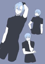 Rule 34 | 1boy, absurdres, arm at side, arm up, black gloves, black pants, black shirt, blue eyes, blue hair, cropped legs, gloves, hair slicked back, hand in own hair, hand on own chin, hand on own head, hand on own hip, hand up, highres, himmel (sousou no frieren), looking afar, looking at viewer, looking to the side, male focus, mole, mole under eye, multiple views, pants, profile, sachinyopo, shirt, short hair, short sleeves, simple background, thinking