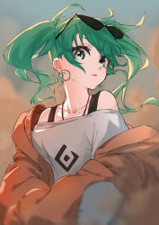 Rule 34 | 1girl, azusa (azunyan12), bare shoulders, commentary request, earrings, eyewear on head, green eyes, green hair, hatsune miku, highres, hoop earrings, jacket, jewelry, long hair, long sleeves, looking at viewer, off-shoulder shirt, off shoulder, orange jacket, outdoors, shirt, solo, suna no wakusei (vocaloid), sunglasses, t-shirt, twintails, vocaloid, white shirt