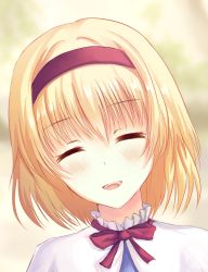 Rule 34 | 1girl, :d, alice margatroid, blonde hair, blurry, blurry background, brown hairband, capelet, closed eyes, hairband, head tilt, kisuke1212, neck ribbon, open mouth, portrait, red ribbon, ribbon, short hair, smile, solo, touhou, white capelet