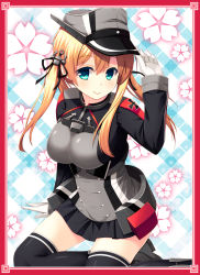 Rule 34 | 10s, 1girl, anchor hair ornament, aqua eyes, blonde hair, breasts, gloves, hair ornament, hat, highres, kantai collection, large breasts, long hair, looking at viewer, military, military uniform, peaked cap, prinz eugen (kancolle), smile, solo, thighhighs, twintails, uniform, yuntea