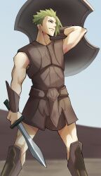 Rule 34 | 1boy, absurdres, achilles (fate), ancient greek clothes, armor, boots, brown footwear, brown hair, closed mouth, fate/grand order, fate (series), feet out of frame, greco-roman clothes, green hair, haruakira, highres, holding, holding shield, holding sword, holding weapon, leather armor, looking ahead, male focus, muscular, muscular male, shield, solo, sword, undercut, weapon, wrist guards