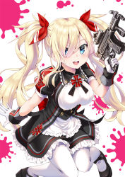 Rule 34 | 1girl, black footwear, blonde hair, blue eyes, blush, bow, breasts, cross, frills, gloves, gun, hair bow, holding, holding gun, holding weapon, kubota masaki, large breasts, long hair, looking at viewer, open mouth, original, puffy sleeves, red bow, red neckwear, smile, solo, splatter, teeth, tongue, twintails, upper teeth only, weapon, white background, white gloves, white legwear