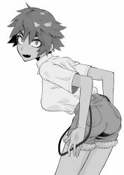 Rule 34 | 1girl, absurdres, breasts, earrings, fang, female focus, freckles, greyscale, highres, jewelry, kantoqyoiko, leaning forward, monochrome, open mouth, original, shirt tucked in, short hair, solo, suspenders, tomboy