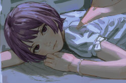 Rule 34 | 1girl, :|, arm up, bed sheet, bob cut, bracelet, chinese commentary, closed mouth, commentary, expressionless, hand on another&#039;s shoulder, hand on own face, highres, jewelry, looking at viewer, lying, monogatari (series), on bed, on stomach, pajamas, pov, pov hands, purple eyes, purple hair, senjougahara hitagi, shaded face, short hair, short sleeves, solipsist, solo focus, upper body, white pajamas