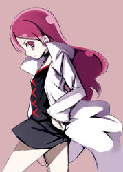 Rule 34 | 1girl, black shirt, black skirt, brown background, cure blossom mirage, earrings, from side, hand on own hip, heartcatch precure!, jewelry, kurasuke, lab coat, long hair, long sleeves, looking at viewer, looking to the side, parted lips, pink eyes, pink hair, precure, profile, shirt, simple background, skirt, solo