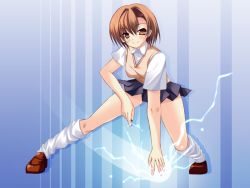 Rule 34 | 00s, 1girl, brown eyes, brown hair, coin, electricity, electrokinesis, leaning forward, misaka mikoto, school uniform, smile, solo, toaru majutsu no index, you, you (swdy)