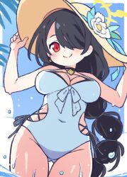 Rule 34 | 1girl, black choker, blue archive, braid, braided ponytail, breasts, casual one-piece swimsuit, choker, closed mouth, clothing cutout, commentary, covered navel, cowboy shot, flower, gluteal fold, hair over one eye, halo, hat, hat flower, hinata (blue archive), hinata (swimsuit) (blue archive), holding, holding clothes, holding hat, huge breasts, low ponytail, one-piece swimsuit, onyhakase, red eyes, side cutout, single braid, smile, solo, sun hat, swimsuit, thigh gap, wading, white flower, white one-piece swimsuit, yellow halo, yellow hat
