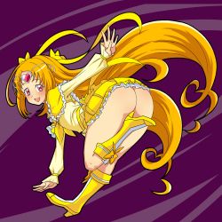 Rule 34 | 10s, 1girl, :d, ass, boots, bow, circlet, cure muse, cure muse (yellow), female focus, frills, hair bow, heart, high heel boots, high heels, highres, long hair, looking at viewer, magical girl, ome (mercury cigarette), open mouth, orange hair, pink eyes, precure, shirabe ako, sketch, skirt, smile, solo, suite precure, thighs