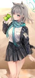Rule 34 | 1girl, absurdres, animal ear fluff, animal ears, arm at side, black jacket, black skirt, blue archive, blue eyes, blue necktie, blue scarf, breasts, brown background, collared shirt, cowboy shot, cross hair ornament, drink, extra ears, grey hair, hair ornament, halo, hand up, highres, holding, holding drink, id card, jacket, long sleeves, looking to the side, maria (syake-uni), medium breasts, medium hair, necktie, open clothes, open jacket, parted lips, pleated skirt, pocket, scarf, school uniform, shiroko (blue archive), shirt, shirt tucked in, skirt, solo, thighs, white shirt, wolf ears