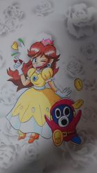 Rule 34 | 1boy, 1girl, breasts, coin, crown, dress, earrings, flower earrings, gloves, grin, highres, jewelry, long hair, looking at viewer, mario (series), mario party, mario party 3, mask, nintendo, one eye closed, orange dress, princess daisy, puffy short sleeves, puffy sleeves, red hair, short sleeves, smile, snifit, super mario land, wink