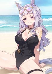 Rule 34 | 1girl, absurdres, animal ears, arm support, beach, black one-piece swimsuit, blunt bangs, breasts, day, eyewear on head, gold ship (run revolt launcher) (umamusume), gold ship (umamusume), goyain, grey hair, grin, highres, horse ears, horse girl, horse tail, large breasts, long hair, looking at viewer, one-piece swimsuit, outdoors, purple eyes, sitting, smile, solo, sunglasses, swimsuit, tail, thigh strap, umamusume, white hair