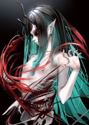 Rule 34 | 1girl, nanashi inc., areola slip, black background, black hair, black sclera, blood, blue hair, breasts, closed mouth, colored sclera, colored skin, demon girl, demon horns, doryudory, expressionless, eyes visible through hair, grey skin, highres, horns, long hair, multicolored hair, pointy ears, red eyes, shishio chris, slit throat, small breasts, solo, sugar lyric, teeth, two-tone hair, upper body, virtual youtuber