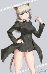 Rule 34 | 1girl, animal ears, artist name, blonde hair, blush, breasts, cat ears, cat tail, chess piece, dated, fumie umetora, grey background, hand on own hip, huberta von bonin, large breasts, military, military uniform, short hair, simple background, solo, tail, uniform, world witches series