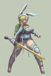 Rule 34 | 1girl, adventure time, animal ears, animal hood, backpack, bag, blonde hair, blue shirt, boots, breasts, cleavage, closed mouth, fionna campbell, gloves, green background, green bag, highres, holding, holding sword, holding weapon, hood, jonpei, large breasts, legs apart, looking at viewer, microskirt, panties, pantyshot, rabbit ears, rabbit hood, shirt, simple background, skirt, sleeves past elbows, smile, solo, standing, sword, thick thighs, thigh boots, thighhighs, thighs, underwear, weapon, white footwear, white gloves, wide hips