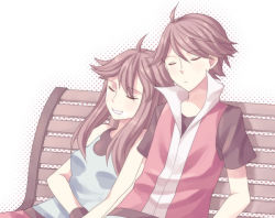 Rule 34 | 1boy, 1girl, ahoge, bench, brown hair, closed eyes, closed mouth, commentary request, creatures (company), drooling, game freak, jacket, leaf (pokemon), long hair, mouth drool, nintendo, pokemon, pokemon frlg, popped collar, red (pokemon), scbstella, shirt, short hair, short sleeves, sidelocks, sitting, sleeping, sleeveless, sleeveless jacket, sleeveless shirt, smile, t-shirt, white background, wristband