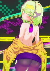 Rule 34 | 1other, absurdres, androgynous, ass, back, bare back, blonde hair, duel monster, ear ornament, earrings, green eyes, green hair, highres, japanese clothes, jewelry, kimono, long sleeves, looking at viewer, noh-p.u.n.k. ze amin, oldsickkim, pantyhose, purple pantyhose, solo, ultraviolet light, very long sleeves, yu-gi-oh!