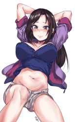 Rule 34 | 1girl, aningay, arms behind head, arms up, bad id, bad twitter id, blush, breasts, brown eyes, brown hair, closed mouth, clothes lift, commentary, groin, highres, idolmaster, idolmaster cinderella girls, large breasts, long hair, midriff, mukai takumi, navel, parted bangs, shirt lift, short shorts, shorts, simple background, sleeves rolled up, solo, white background