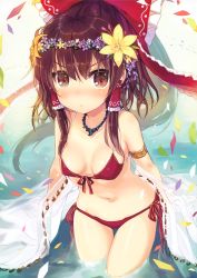 Rule 34 | 1girl, absurdres, armlet, bare shoulders, bikini, blush, bow, breasts, brown hair, closed mouth, collarbone, detached sleeves, eyebrows, flower, front-tie bikini top, front-tie top, hair between eyes, hair bow, hair flower, hair ornament, hair tubes, hakurei reimu, head wreath, highres, jewelry, long hair, looking at viewer, magatama, medium breasts, minamura haruki, navel, necklace, petals, pout, red bikini, scan, shiny skin, side-tie bikini bottom, sidelocks, solo, standing, stomach, swimsuit, thigh gap, touhou, v-shaped eyebrows, very long hair, wading, water