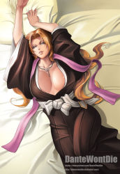 Rule 34 | 1girl, arms up, bad deviantart id, bad id, bleach, blonde hair, blue eyes, breasts, cleavage, dantewontdie, deviantart username, highres, japanese clothes, jewelry, kimono, large breasts, long hair, long sleeves, looking at viewer, lying, matsumoto rangiku, mole, mole under mouth, necklace, on back, on bed, parted lips, patreon username, sash, seductive smile, smile, solo, watermark, wavy hair, web address, wide sleeves