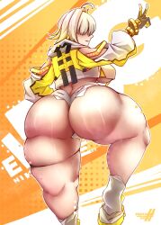 Rule 34 | 1girl, 2024, ahoge, arm up, artist name, ass, ass focus, back, black gloves, blonde hair, breasts, butt crack, cameltoe, character name, clothing cutout, colored inner hair, commentary, crop top, crop top overhang, denim, denim shorts, elegg (nikke), english commentary, female focus, from behind, gloves, goddess of victory: nikke, gold trim, grin, hair intakes, hair over eyes, highres, hip focus, huge ass, kneepits, large breasts, leg up, long bangs, looking to the side, micro shorts, midriff, multicolored background, multicolored clothes, multicolored hair, patterned background, pentakky-sugoi, shoes, shorts, shoulder cutout, skindentation, smile, socks, solo, standing, standing on one leg, suspenders, thick thighs, thighs, two-tone footwear, underboob, v, wet, yellow background