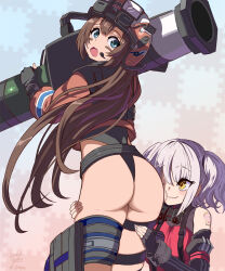 Rule 34 | 2girls, artist request, ass, bandaid, bandaid on face, bare shoulders, belorta (nikke), blue eyes, blush, breasts, brown hair, fingerless gloves, from behind, gloves, goddess of victory: nikke, helmet, highres, holster, huge ass, leotard, long hair, looking back, medium breasts, mica (nikke), multiple girls, open mouth, rocket launcher, smile, thick thighs, thigh holster, thigh strap, thighs, very long hair, weapon, white hair, yellow eyes