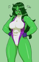 Rule 34 | breasts, colored skin, green hair, green skin, large breasts, leotard, marvel, nezunezu, she-hulk, thick thighs, thighs, translation request