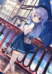 Rule 34 | 1girl, :o, backpack, bag, beret, black footwear, blue dress, blue eyes, blue hair, blue hat, blue umbrella, blurry, blurry foreground, blush, building, chinomaron, commentary request, day, depth of field, dress, frilled thighhighs, frills, from behind, gochuumon wa usagi desu ka?, hair between eyes, hair ornament, hat, highres, holding, holding umbrella, kafuu chino, long hair, long sleeves, looking at viewer, looking back, outdoors, parted lips, railing, rain, river, shirt, shoes, sleeveless, sleeveless dress, sleeves past wrists, solo, standing, thighhighs, two side up, umbrella, very long hair, walking, water, water drop, white shirt, white thighhighs, x hair ornament