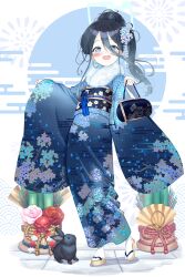 Rule 34 | 1girl, absurdres, aris (blue archive), bag, black hair, blue archive, blue bag, blue eyes, blue kimono, blush, chinese zodiac, egasumi, floral print, full body, fur-trimmed kimono, fur trim, furisode, hair between eyes, hair bun, hair ornament, handbag, highres, holding, holding bag, japanese clothes, kadomatsu, kanzashi, kimono, long hair, long hair between eyes, long sleeves, looking at viewer, new year, obi, obiage, obijime, open mouth, rabbit, ringed eyes, sandals, sash, sleeves past wrists, smile, solo, standing, surps, tabi, unmoving pattern, wide sleeves, year of the rabbit, zouri
