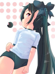 Rule 34 | 1girl, backbeako (torotei), backbeard, black buruma, black hair, black ribbon, blush, breasts, buruma, closed mouth, commentary, expressionless, gegege no kitarou, gym shirt, hair over one eye, hair ribbon, hand on own hip, highres, long hair, looking at viewer, original, paid reward available, pointy ears, red eyes, ribbon, shirt, short sleeves, sideways glance, simple background, small breasts, solo, torotei, twintails, variant set, white background, white shirt