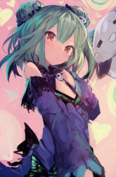 Rule 34 | 1girl, absurdres, animal print, bare shoulders, blue dress, blue sleeves, brooch, butterfly print, detached collar, detached sleeves, double bun, dress, green hair, hair bun, hair ornament, heart, highres, hololive, hololive fantasy, jewelry, kaamin (mariarose753), looking at viewer, open mouth, red eyes, ribbon, short dress, short hair, skull hair ornament, solo, strapless, strapless dress, uruha rushia, uruha rushia (1st costume), virtual youtuber, wide sleeves