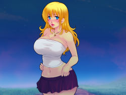 Rule 34 | 1girl, bare shoulders, blond daisuki!, blonde hair, blue eyes, blush, breasts, cleavage, embarrassed, female focus, hip focus, jewelry, large breasts, legs, lipstick, long hair, looking at viewer, makeup, midriff, navel, necklace, night, skirt, sky, solo, standing, strapless, thighs, tube top, wavy hair, yoko juusuke