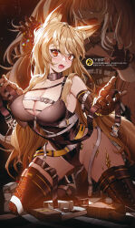 Rule 34 | 2girls, angelina (arknights), angelina (arknights) (cosplay), angelina (distinguished visitor) (arknights), animal ears, arknights, bare shoulders, belt, black footwear, black gloves, black leotard, blonde hair, blush, boots, breasts, brown hair, cameltoe, capitan wei, ceobe (arknights), cleavage, collar, cosplay, cross-laced footwear, dog ears, dog girl, dog tail, elbow gloves, fang, fangs, gloves, highleg, highleg leotard, highres, holding, kneeling, lace-up boots, large breasts, leotard, long hair, material growth, multiple girls, official alternate costume, open mouth, oripathy lesion (arknights), pouch, red eyes, solo focus, tail, thigh boots, translation request, twintails, very long hair