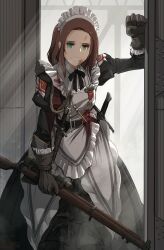 Rule 34 | 1girl, apron, asterisk kome, bleeding, blood, blood on clothes, blood on face, blue eyes, bolt action, brown hair, commentary request, gina wallace, gloves, grin, gun, highres, holding, holding gun, holding weapon, lee-enfield, maid, maid apron, maid headdress, medal, original, rifle, scope, sheath, sheathed, smile, sniper rifle, solo, sword, weapon