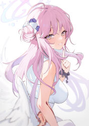 Rule 34 | 1girl, absurdres, angel wings, blue archive, blush, breasts, chinoryuu, dress, feathered wings, flower, grin, hair bun, hair flower, hair ornament, halo, highres, injury, large breasts, long hair, looking at viewer, mika (blue archive), pink hair, pink halo, purple flower, simple background, single side bun, sleeveless, sleeveless dress, smile, solo, torn clothes, torn dress, upper body, white background, white dress, white wings, wings, yellow eyes