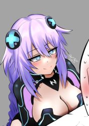 Rule 34 | 1boy, 1girl, blush, bodysuit, breast press, breasts, captainrox, choujigen game neptune, cleavage, dated, grey background, highres, hug, huge breasts, naughty face, neptune (series), nervous sweating, open mouth, power symbol-shaped pupils, purple heart (neptunia), self-upload, simple background, smile, sweat, symbol-shaped pupils