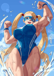 Rule 34 | 1girl, blonde hair, blue eyes, breasts, highleg, highleg swimsuit, highres, large breasts, long hair, mask, one-piece swimsuit, rainbow mika, sky, smile, solo, street fighter, swimsuit, thighs, twintails, very long hair, water, yagi2013