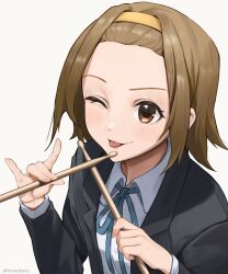 Rule 34 | 1girl, ;p, absurdres, black jacket, blazer, blue ribbon, brown eyes, brown hair, closed mouth, collared shirt, commentary, drumsticks, forehead, hairband, highres, holding, holding drumsticks, jacket, k-on!, long sleeves, looking at viewer, neck ribbon, omochiarts, one eye closed, ribbon, sakuragaoka high school uniform, school uniform, shirt, short hair, simple background, solo, tainaka ritsu, tongue, tongue out, upper body, white background, white shirt, winter uniform, yellow hairband