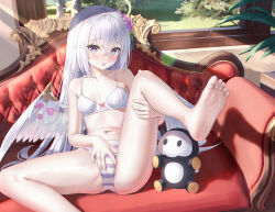 Rule 34 | 1girl, absurdres, angel wings, ass, azusa (blue archive), bare arms, bare legs, barefoot, blue archive, blush, bra, breasts, breasts apart, cameltoe, collarbone, couch, crossed bangs, feathered wings, feet, flower, grey hair, hair between eyes, hair flower, hair ornament, halo, hand on own crotch, head tilt, highres, leg up, light beam, long hair, looking at viewer, navel, nay, on couch, open mouth, painting (object), pale skin, panties, plant, potted plant, purple eyes, shadow, sidelocks, sitting, small breasts, soles, solo, stomach, straight hair, striped clothes, striped panties, stuffed toy, sweat, toes, underwear, very long hair, wings