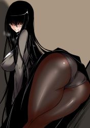Rule 34 | 1girl, arched back, ass, beige background, black hair, black pantyhose, blush, breasts, character request, closed mouth, copyright request, embarrassed, female focus, glasses, gloves, hair over eyes, highres, huge ass, jimiko, large breasts, long hair, looking at viewer, original, panties, panties under pantyhose, pantyhose, sangyou haikibutsu (turnamoonright), simple background, solo, underwear