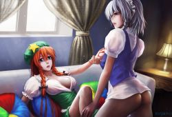 Rule 34 | 2girls, ass, blue eyes, bottomless, braid, grabbing another&#039;s breast, breasts, cleavage, couch, embodiment of scarlet devil, female focus, grabbing, guided breast grab, guiding hand, hat, holding another&#039;s wrist, hong meiling, izayoi sakuya, large breasts, long hair, medium breasts, multiple girls, nagumo (qmzp10), no bra, open clothes, open shirt, orange hair, red eyes, shirt, silver hair, touhou, twin braids, yuri