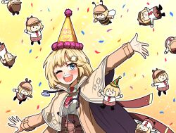 Rule 34 | 1girl, blonde hair, blue eyes, blush, bob cut, brown capelet, brown coat, capelet, chibi, coat, collared shirt, confetti, cropped torso, ddolbang, detective, english text, hair ornament, hand up, happy, happy birthday, hat, highres, hololive, hololive english, light blush, necktie, one eye closed, open mouth, pale skin, party hat, plaid, plaid skirt, red necktie, shirt, short hair, short necktie, skirt, smol ame, stethoscope, virtual youtuber, watson amelia, white shirt, yellow background
