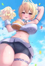 Rule 34 | 1girl, absurdres, ahoge, arm behind head, arm up, armlet, bike shorts, black shorts, blonde hair, blue archive, blue sky, braid, breasts, character name, cleavage, cloud, cloudy sky, commentary request, criss-cross halter, detached collar, from below, hair between eyes, halo, halterneck, highres, holding, holding pom poms, kotori (blue archive), kotori (cheer squad) (blue archive), large breasts, looking at viewer, looking down, low twintails, medium hair, millennium cheerleader outfit (blue archive), navel, neko punch (user hddm3373), official alternate costume, official alternate hairstyle, outdoors, pleated skirt, plump, pom pom (cheerleading), pom poms, red eyes, short shorts, shorts, sidelocks, single braid, skirt, sky, sleeveless, solo, stomach, thighlet, twintails
