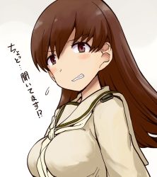 Rule 34 | 1girl, breasts, brown eyes, brown hair, kantai collection, large breasts, mizumoto tadashi, ooi (kancolle), remodel (kantai collection), school uniform, serafuku, simple background, solo, translated, upper body, white background