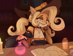 Rule 34 | 1girl, alex toons, alternate costume, bare shoulders, black dress, black hat, blonde hair, book, breasts, candle, cleavage, coco bandicoot, crash bandicoot (series), detached sleeves, dress, furry, furry female, green eyes, hat, heart, heart necklace, highres, indoors, jewelry, large breasts, long hair, looking at viewer, love potion, necklace, open book, orange dress, ponytail, potion, smile, solo, two-tone dress, witch hat