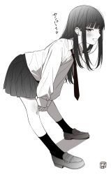 Rule 34 | 1girl, bent over, blush, collared shirt, commentary request, dddd akagi, earrings, full body, greyscale, highres, jewelry, loafers, long hair, looking at viewer, monochrome, necktie, open mouth, original, school uniform, shirt, shoes, skirt, smile, socks, solo, stud earrings